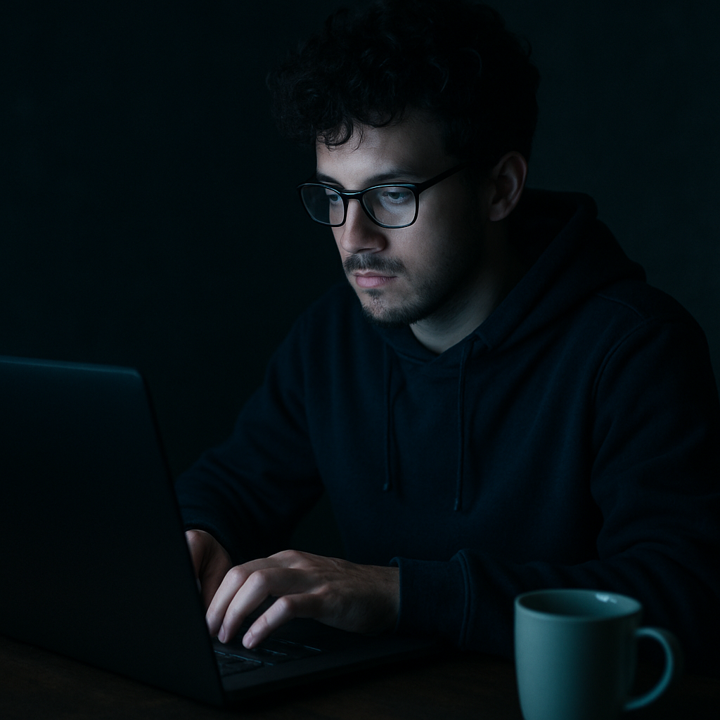 Desarrollador programando en su laptop por la noche