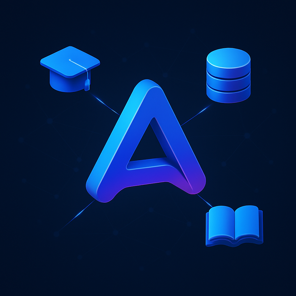 Logotipo 3D de ATLASH conectado a una red de nodos educativos
