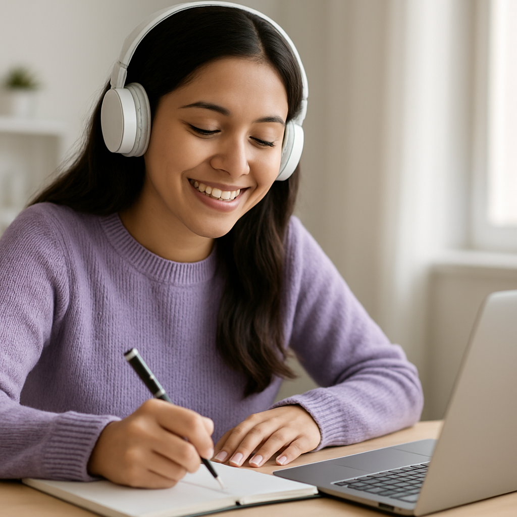 Estudiante con audifonos tomando apuntes junto a su laptop